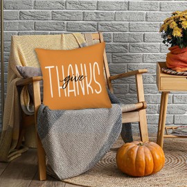 Asamour Give Thanks Throw Pillow Cover 18x18 Inch for Fall Thanksgiving Decor, Orange Decorative Autumn Seasonal Blessings Quote Fall Cushion Case for Sofa Couch Living Room