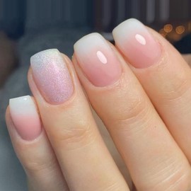 Ombre Press on Nails Short Square MABKJLF Fake Nails Pink&White False Nails with Glitter Designs Full Cover Glossy Glue on Nails Natural Nails Stick on Nails for Women Girls 24 Pcs