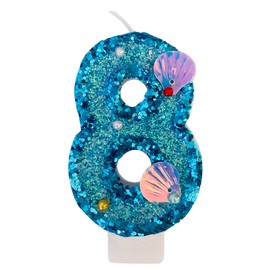 Blue Number Candle,Shell Sequins Number Candles for Birthday Cakes Mermaid Themed Party Supplies Number 8 Candle