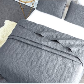 Sophia and William 3 Pieces Quilt Set King Size with 1 Quilt and 2 Pillow Shams, Reversible Microfiber Bedding Bedspread Coverlet Set, Cozy, Lightweight and Hypoallergenic, Grey