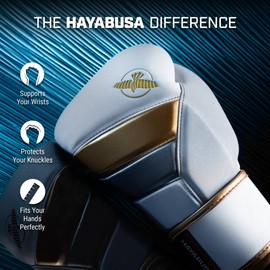 Hayabusa T3 Boxing Gloves for Men and Women Wrist and Knuckle Protection, Dual-X Hook and Loop Closure, Splinted Wrist Support, 5 Layer Foam Knuckle Padding - White/Gold, 12 oz