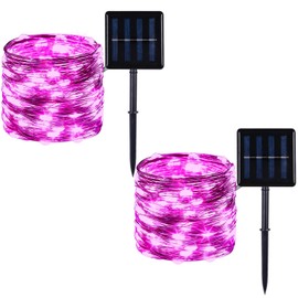 2 Pack 100 LED Solar Powered Copper Wire String Lights Outdoor, Waterproof, 8 Modes Fairy Lights for Garden, Patio, Party, Yard, Christmas (Pink)