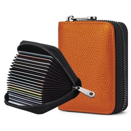 KUVAO RFID Blocking, 20 Card Slots Credit Card Holder Leather Small Card Case for Women or Men Accordion Wallet with Zipper (Orange)