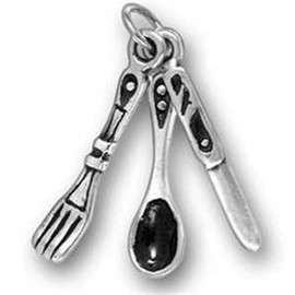 Sterling Silver 7" 4.5mm Charm Bracelet With Attached 3D Silverware Fork Spoon Knife Utensil Set Charm