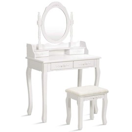 Giantex Vanity Table Set with Oval Mirror and 4 Drawers, Wood Makeup Dressing Table with Cushioned Stool,Top Removable Writing Desk, Modern Bedroom Dressing Table for Kids Girls Women (White)