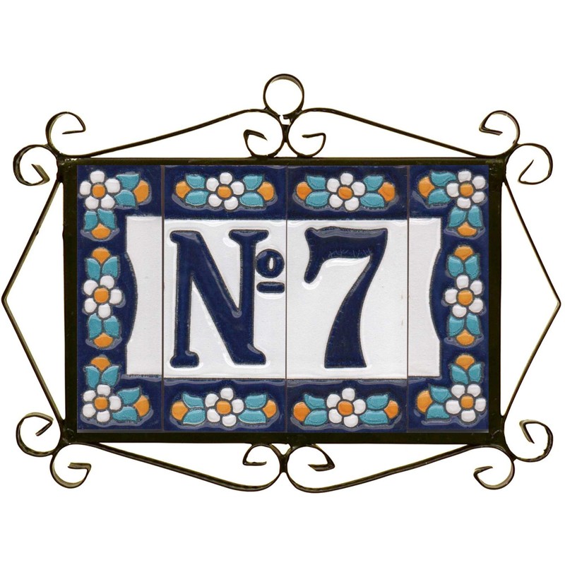 Ceramic House Tile Numbers & Letters, Blue Floral Design, Tile