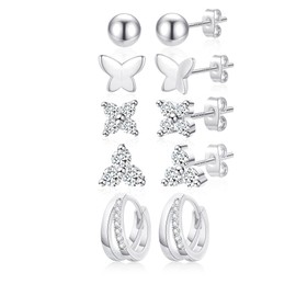 ZHESHY 5 Pairs of Hoop Earrings Gold Silver 925 Set for Women 14K Gold-Plated Small Stud Earrings Silver Hypoallergenic Stud Butterfly Zirconia Round Heart Ear Piercing Multiple Ear Holes Jewellery