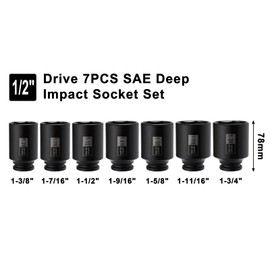 Mayouko 7PCS 1/2 Inch Drive Deep Impact Socket Set, 1-3/8" - 1-3/4", Spindle Axle Nut Sockets, SAE, Deep, 6-Point, CR-MO