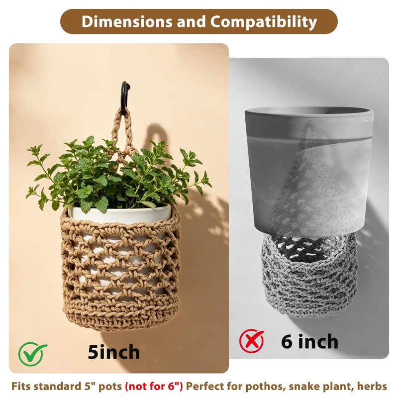 VMEECARL 4-Pack 5-Inch Macrame Wall Plant Hangers, Natural Cotton Hanging