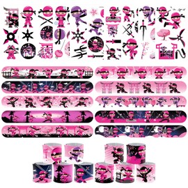 60PCS Ninja Girl Party Set, 30PCS Temporary Tattoos, 30PCS Slap Bracelets, Ninja Themed Birthday Supplies, Ninja Master Party decoration, Baby Shower Gifts, Classroom Rewards, Decor for Kids