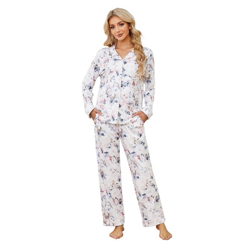 LYCY Womens Pajama Sets Floral Print, Long Sleeve Button Down