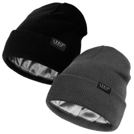 Lvaiz Hats 2 Pack Satin Lined Beanie Hats for Men Women Winter Warm Knitted Cuffed Silk Lined Slouchy Skull Cap