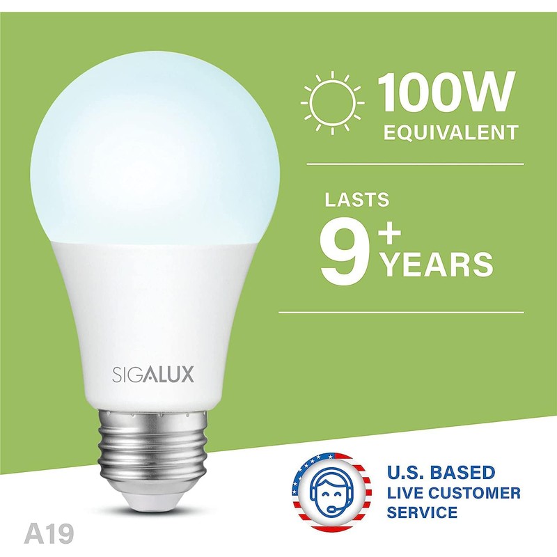 Sigalux A19 LED Light Bulbs 100 Watt Equivalent, Daylight 5000K