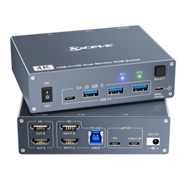 USB C Dual Monitor KVM Switch 4K@60Hz, USB C+HDMI KVM Switch 2 Monitors 2 Computers for Laptop & Desktop Sharing 2 Monitor and 4 USB3.0 Devices, 80W PD for Laptop, Cables and Wired Remote Included