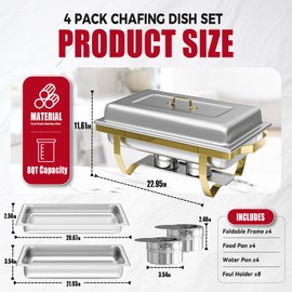 IMACONE Chafing Dish Buffet Sets of 4, 8QT Stainless Steel Rectangular Chafers and Buffet Warmer Sets for Catering, with Food & Water Pan, Lid, Gold Foldable Frame, Fuel Holder for Event Party Holiday