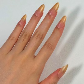 24PCS Press On Nails, Solid Dark Color Fake Nails, Alomnd Medium Shape, Stick on Nails Glue on Nails False Nails (Gold Glitter)