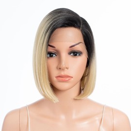 DÉBUT Short Bob Wig, Ombre Blonde C Part Lace Front Wig, Asymmetrical Cute Bob Synthetic Wigs Heat Resistant Slight Yaki Straight Hair Brown Mixed Blond Color