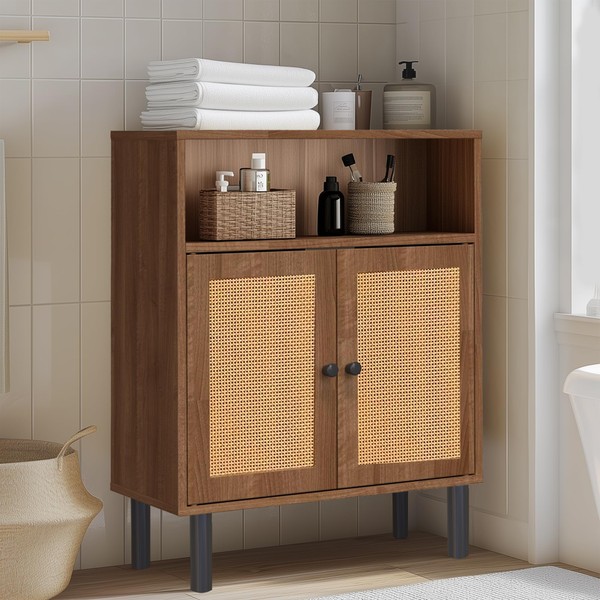 DongRong Rattan Storage Cabinet, Boho Accent Cabinet with Double Doors,