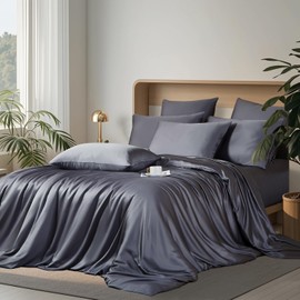 Boqingzhu Bamboo Bed Linen 155 x 220 cm Anthracite Grey Plain Single Bed Luxury Lyocell Silk Bedding Set Duvet Cover with Zip and 2 Pillowcases 80 x 80 cm