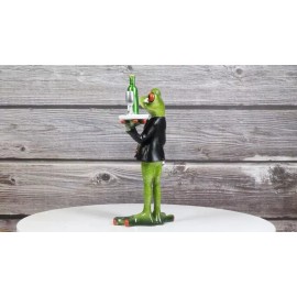 Green Toad Frog Silver Service Butler With Wine Glass And Bottle Figurine 7"H