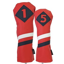 Majek Retro Golf Headcovers Red with White and Blue Stripe Vintage Leather Style 1 & 5 Driver Fairway Head Cover Fits 460cc Drivers Classic Look