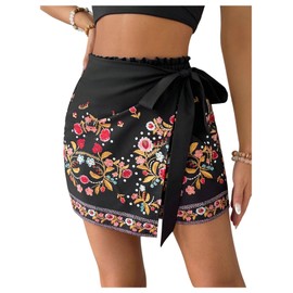 Milumia Women's Floral Knot Side Wrap Skirt High Waist Asymmetrical Skort Black