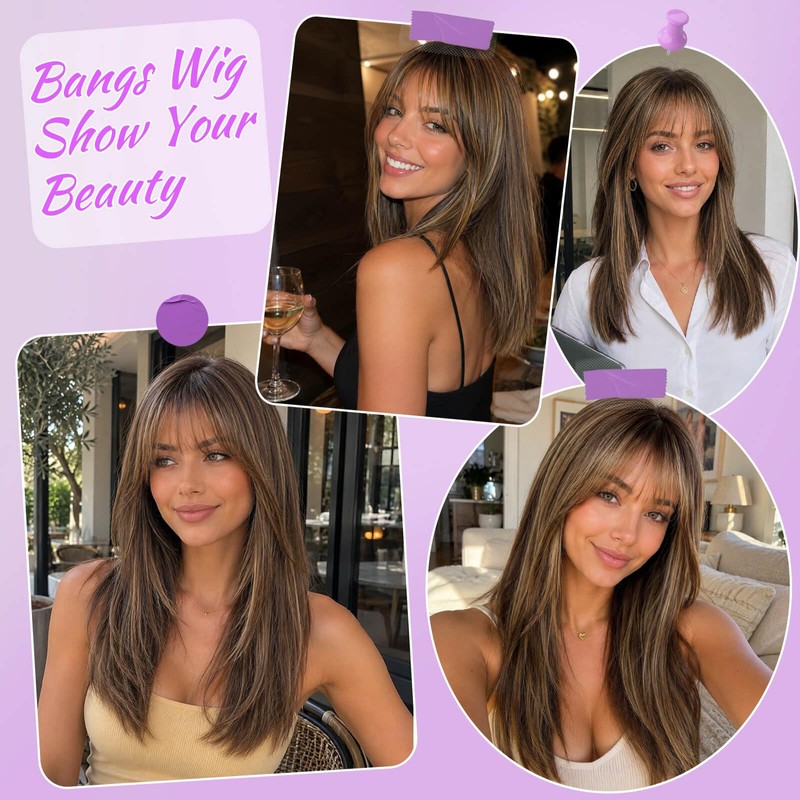 Eawwii Wig with Bangs for Women,Brown Blonde Synthetic 4x4 Scalp