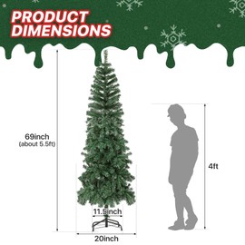 MoNiBloom 5.5 Feet Artificial Christmas Tree, Pencil Christmas Tree with 469 PVC Branch Tips, Green Xmas Tree for Home Office Party Decoration, Festive Decor for Outdoor, Metal Base and Hinged