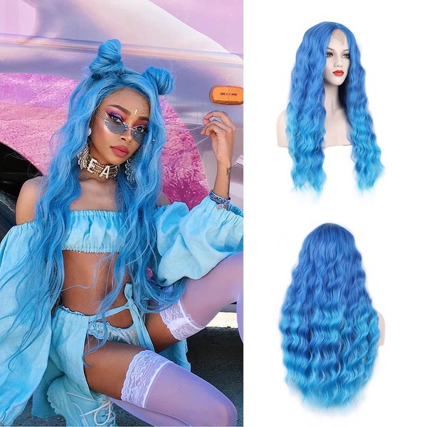 Blue Wig Long Natural Wavy Wig Synthetic Water Wave Blue Wig Halloween Cosplay Daily Party Heat-Resistant Fiber Wig