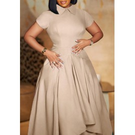 Symina Women's Elegant Dresses Suit Collar Short Sleeve High Waist A-Line Swing Dress Formal Evening Gown Party Apricot