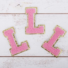 3 Pack Chenille Iron On Glitter Varsity Letter 5cm Tall "L" Patches - Pink Chenille Fabric with Gold Glitter Trim - Sew or Iron on - 5CM PNK L