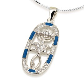 Messianic Judaism 925 Sterling Silver Messianic Symbol Necklace Jewelry, Made In Israel, Sterling Silver, crystal stones