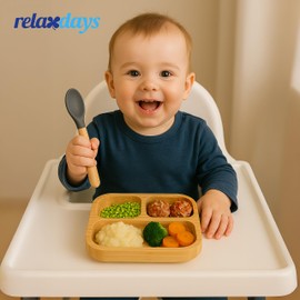 Relaxdays Children's Bamboo Plate with Suction Cup, BPA-Free, Non-Slip, Complementary Food Plate, Divided Baby Plate, Natural/Grey