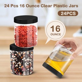 Dapuri 24 Pcs 16 oz Plastic Jars with Lids 16 oz Bulk Wide Mouth Plastic Container Mason Jars Airtight Storage for Spice Dried Fruit, Honey, Nuts, Kitchen Household