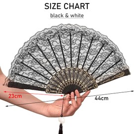 MLPKOI 2 Pcs Folding Hand Fan, Lace Vintage Retro Fabric Fans Hand Held Chines Foldable Fan with Tassel for Wall Decoration Wedding Dancing Cosplay Black and White