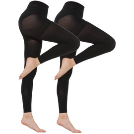 MANZI 2 Pairs Women's Opaque Control Top Tights 70 Denier Stretch Pantyhose Black Footless Small