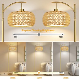 Arc Floor Lamp for Living Room Boho Rattan Floor Lamp with Remote Control & Wicker Lampshades,Vintage Brass Standing Lamp Tall Lamp Dimmable Gold Floor Lamps for Bedroom Corner