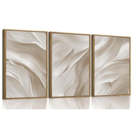myusuar 3 Piece Large Abstract Framed Wall Art For Living Room, Smoke Texture Ink Beige White Canvas Wall Art Modern Minimalist Art Prints Wall Décor For Bedroom Office 16x24in