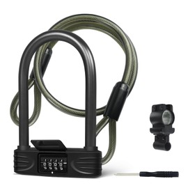 TenixLox Heavy Duty U Lock, 4 Digit Combination Password Bicycle Lock with U-Lock Shackle, Waterproof, No Key, Bike U Lock for Home, School, Travel (U-Lock with Cable)