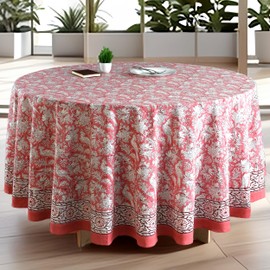 CPC Mantel redondo de algodón con estampado de bloques de coral rosa hecho a mano de 90 pulgadas para decoración del hogar, cena, festivo, boda, regalo de granja para primavera, día de la madre