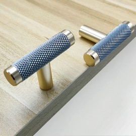 Guoharda 10 Pack 2 Inch Knurled Cabinet T Knob Cabinet Pulls Aluminum T Knob Gold and Grey Oxidation Finish with Diamond Pattern 2" Length