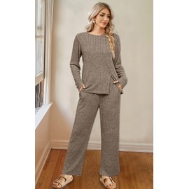 WIHOLL Two Piece Sets For Women Dressy Lounge Fall Outfits Pullover Knit Loungewear Brown XXL