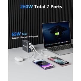 Aluminum Alloy 260W USB C Charger GaN Fast USB C Charging Station 7 Ports 65W Laptop Charger for MacBook Pro/Air/iPad Pro/iPhone (Gray)