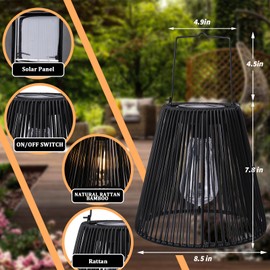 Solar Hanging Lanterns Outdoor Waterproof Rattan Solar Lights 12.3" LED Lantern Gifts for Women Decorative Lanterns for Lawn, Patio, Yard, Landscape, Porches, Hallway Garden Decor (Black)