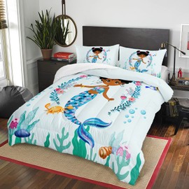 AILONEN Mermaid Tail Comforter Set Queen Size, Cute Black Girl Mermaid Pattern with Ocean Life Bedding Set 3Pcs for Kids Girls Bedroom All Season,1 Quilt and 3 Pillowcases,Microfiber Comfortable