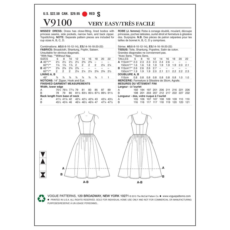 VOGUE PATTERNS 9100 A5,Misses Dress,Sizes 6-8-10-12-14, Broadcloth, Multi/Colour