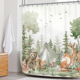 Newsely Rustic Nursery Woodland Animals Shower Curtain for Kids 60Wx72H Inch Cute Wildlife Country Safari Bear Deer Plant Bathroom Set for Children Waterproof Bath Decoration Accessories Home Decor