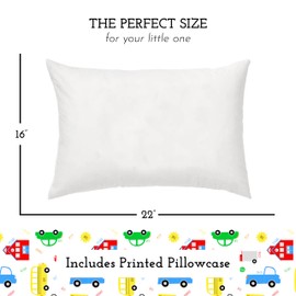 Little Sleepy Head Youth Pillow with Pillowcase 16x22, Soft Jumbo Toddler Pillows, Hypoallergenic Pillow Case - Best Kids Pillows for Sleeping, Perfect Kids Travel Pillows (Trucks 'N Cars)