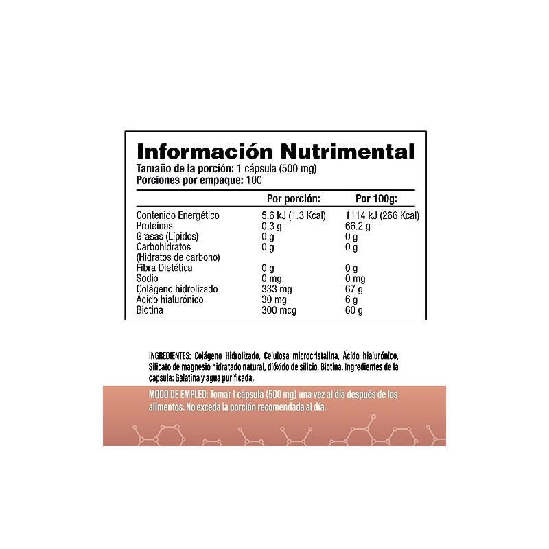 Colágeno Hidrolizado Ácido Hialurónico Biotina 100 Cápsulas 500 Vitaminas Mujer