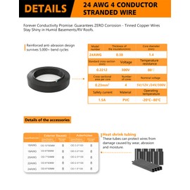 24AWG 4 Core Electrical Wire - 24 Gauge 0.2mm² Tinned Copper Cable, 26.25FT/8M 300V Low Voltage Flexible & Heat Resistant (5V/12V/24V) for LED Strips, Automotive Wiring